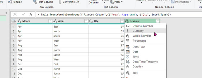 final changing of data types so that the data can be imported into a Pivot Table