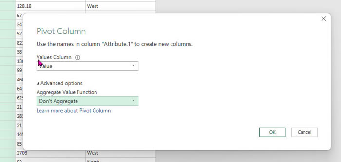 Pivot Column box with Value and Don't aggregate selected.